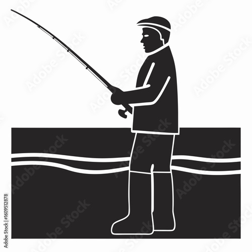 Black and white illustration of a fisherman fishing in water suitable for various design projects.
