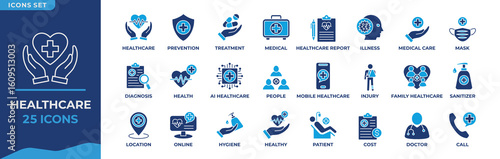 Healthcare icon set. Containing treatment, prevention, medical, health, diagnosis, report, illness, injury and more.  Simple Flat vector icons collection.