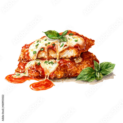 Chicken Parmigiana in watercolor style, vector illustration, isolated on white background.