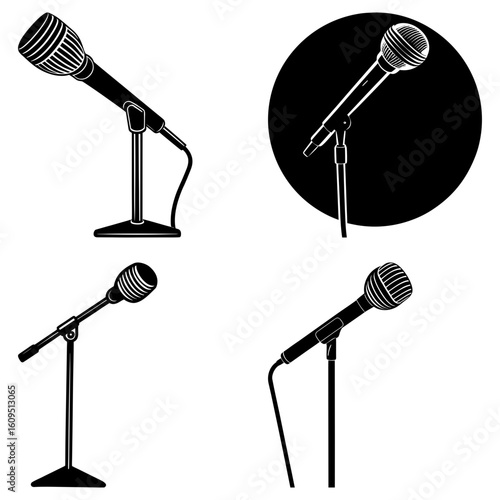 Illustration of four microphones on stands in black and white with varying angles and perspectives