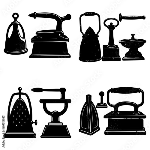Collection of antique irons in black silhouette showcasing varied designs and historical ironing equipment