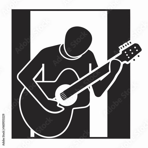 Minimalist silhouette of a musician playing acoustic guitar with a modern geometric graphic design