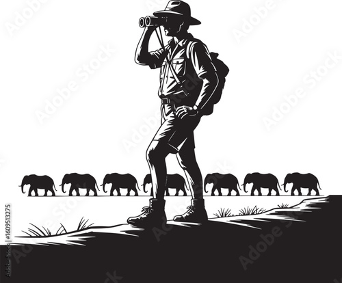 African Safari Adventure Silhouette A Lone Explorer Observes Elephants in the Wild Landscape