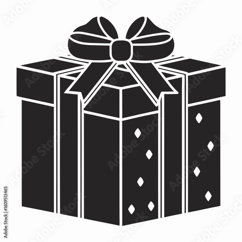 Simple black and white silhouette gift box with bow celebrating holidays and special occasions