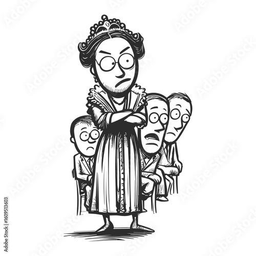 Minimalist cartoon scene of royal authority and dramatic reaction, vector