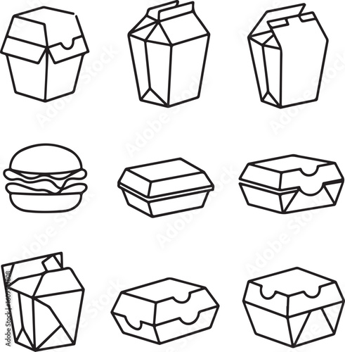 Cardboard Takeout Containers Outline Set – Disposable Food Packaging Icons