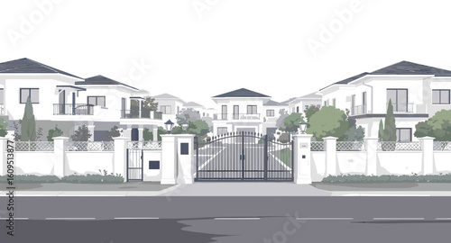 Elegant modern gated community with luxury villas and manicured landscaping, showcasing exclusive real estate investment opportunities.