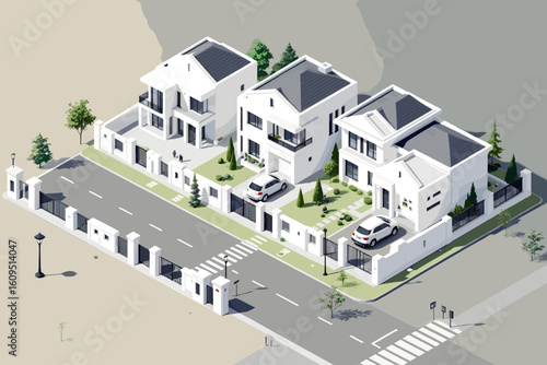 Stunning modern white villas with manicured gardens and cars parked in driveways, showcasing suburban luxury and upscale living.