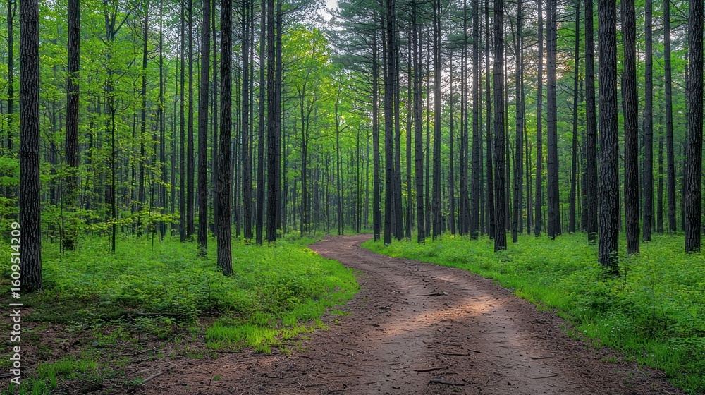 Fototapeta premium Forest path winds through tall, dense trees