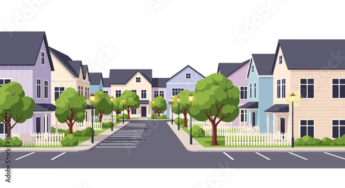 Charming suburban street lined with colorful houses, lush trees, and white picket fences under a bright sky