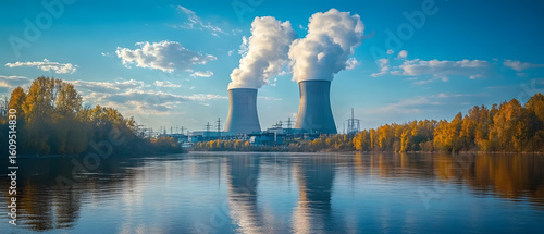 Nuclear plant towering over landscape.