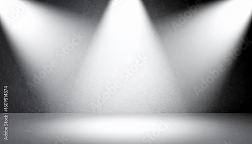 Empty studio stage background with three spotlights illuminating textured wall and floor for product placement