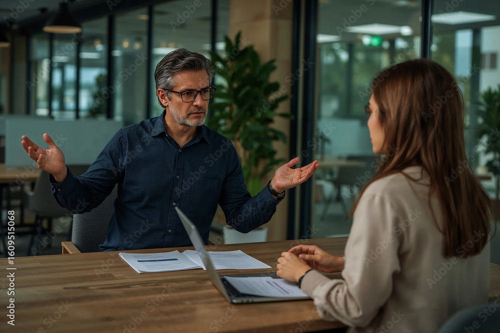 Fototapeta premium A tense business meeting with frustrated expressions discussing issues with diffused office lighting