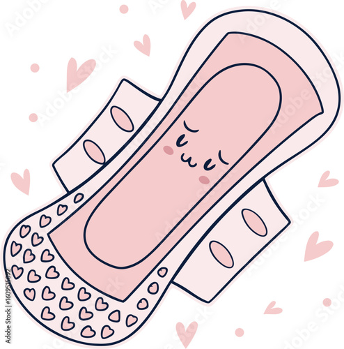 Cute kawaii sanitary pad with happy face and hearts