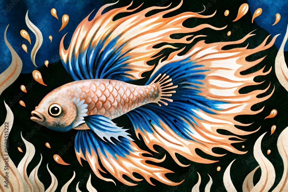 Fototapeta premium Vibrant betta fish with fiery orange and blue flowing fins in dark aquatic environment