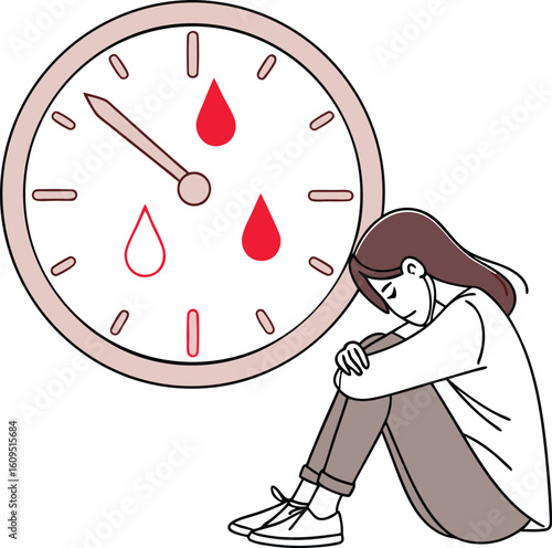 Woman feeling unwell near a clock with blood drops