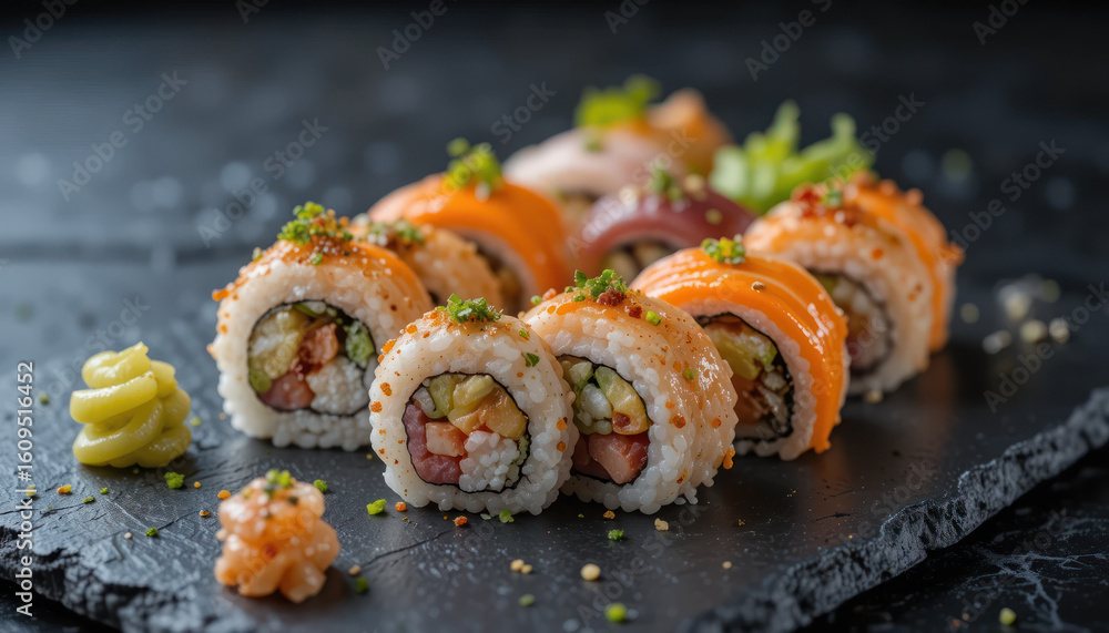 Delicious Sushi Rolls with Salmon Tuna and Avocado Topped with Spicy Mayo and Sesame Seeds. Delicious Sushi Rolls with Salmon Tuna and Avocado Topped with Spicy Mayo and Sesame Seeds.