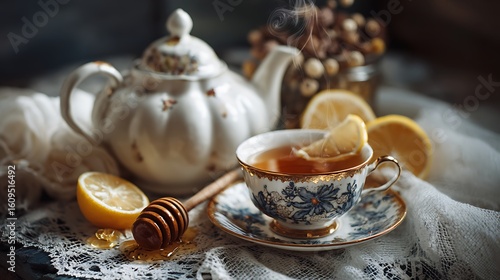Tea steams in a china cup with lemon and honey. Elegant still life for marketing, web, and editorial uses.