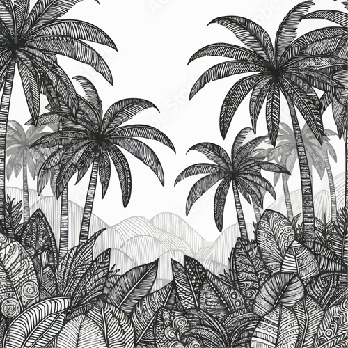 Coloring page of palm trees set against a lush foliage backdrop