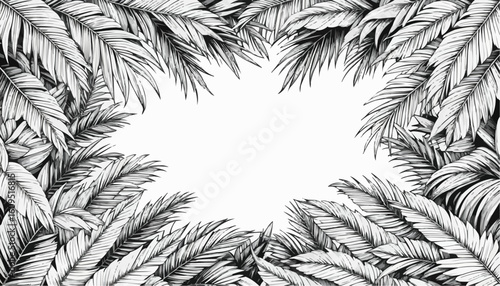 Coloring page of a frame made of tropical palm leaves with a blank center