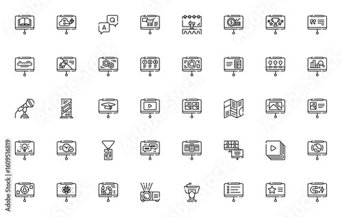 Presentation icon set. Business vector icons pack. Includes symbols for slideshow, Q&A, microphone, projector, program, lectern, ID and more. Editable stroke.