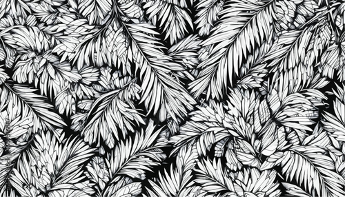 Coloring page of intricate palm leaves creating a dense foliage pattern