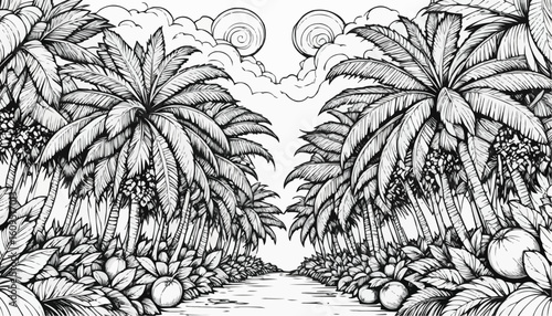 Intricate line art of a palm tree pathway under a cloudy sky for coloring
