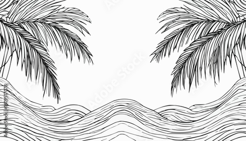 Coloring page of palm trees framing wavy ocean lines in a tropical setting