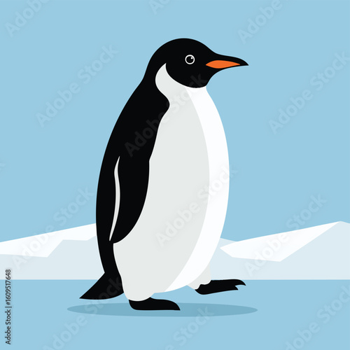 A cute flat design illustration of a black and white penguin walking in profile.