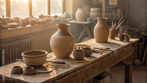 Ceramic pottery workshop with unglazed vessels and tools on rustic table, artisan craft concept