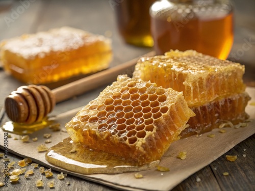 Raw natural honeycomb slices with honey dipper and jars on rustic wood, healthy food concept