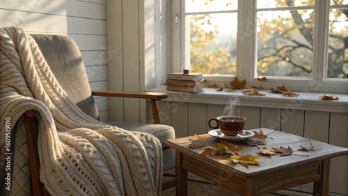 Cozy autumn morning by window with armchair, warm beverage, and fall leaves, hygge lifestyle