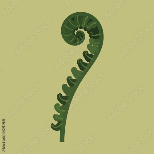 Stylized illustration of a green fern fiddlehead or koru unfurling in a spiral shape.