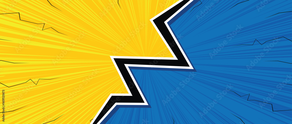 Fototapeta premium versus comic background with two colors blue and yellow separated with lightning
