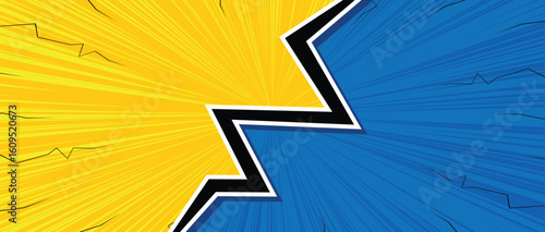 versus comic background with two colors blue and yellow separated with lightning
