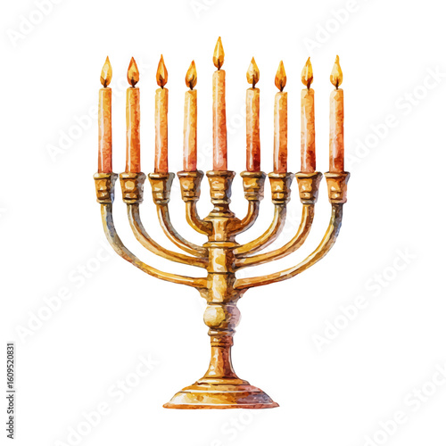 Menorah, watercolor painting, vector illustration, isolated on a white background.