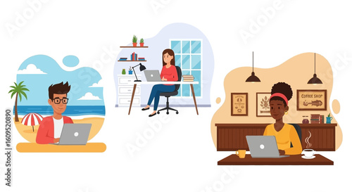 Remote Work Illustration: Diverse People Working on Laptops in Various Locations - Perfect for Blogs, Websites, and Presentations