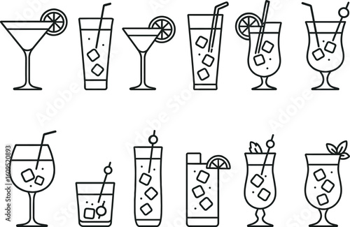 Various refreshing drinks with ice and garnishes cocktails straws