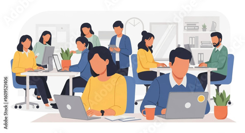 Diverse team of professionals working collaboratively in a modern office, ideal for business websites and marketing materials.