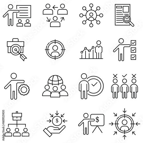 Recruitment thin icons in line style. Containing job search, interview,  screening, short listed, job fair, employee icon and more. perfect for corporate. Simple flat vector, illustration.