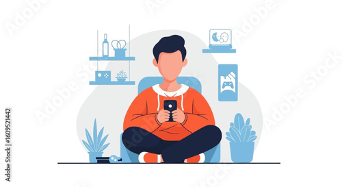 Young man using smartphone at home, perfect for blogs, app interfaces, or social media posts about mobile technology.
