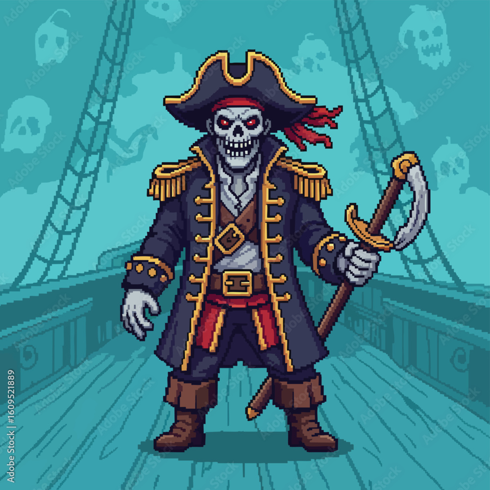 Obraz premium Pixel Art Skeleton Pirate Captain with Cutlass on Ship Deck.