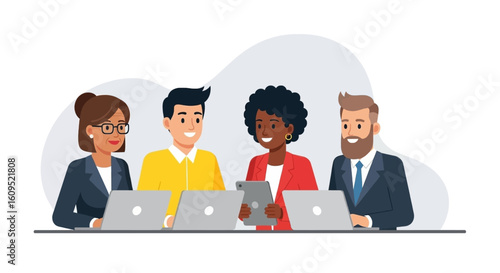 Diverse team of business professionals collaborating on laptops and tablet; ideal for website banners, presentations, and marketing materials.