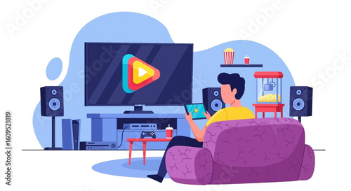 Man watching video on TV and tablet, home theater setup, streaming, entertainment, leisure time.