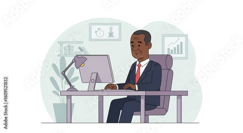 African American businessman working on computer in modern office. Perfect for business websites, presentations, and brochures.