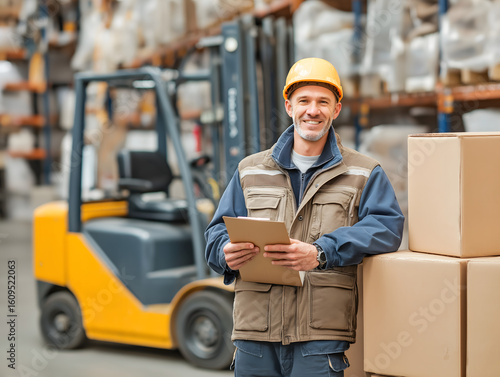 Smiling Warehouse Worker in Hardhat Managing Inventory with Forklift for Logistics and Delivery Operations