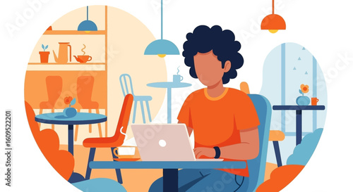 Person working on laptop in a cafe, perfect for websites or blog posts about remote work, coffee shop culture, or freelance lifestyle.