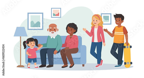 Happy multigenerational family gathering at home, perfect for family, togetherness, and generational themes.