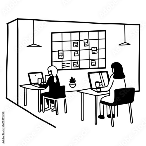 Outline drawing of a modern co-working space with multiple people working on laptops, whiteboard sketches and coffee, minimal and neat lines