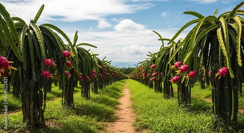 Rows of Dragon Fruit Plants with Pink Fruits and Green Leaves Under Blue Sky pitaya plantation
